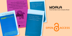Vier Buchcover von Titeln aus den beiden durch KOALA geförderten Schriftenreihen sowie Logos mit "Open Access" und "KOALA"